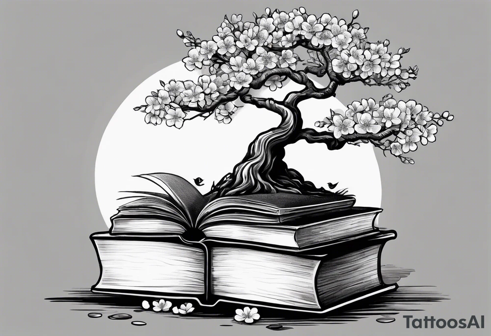 Cherry blossom tree growing out of a stack of books tattoo idea