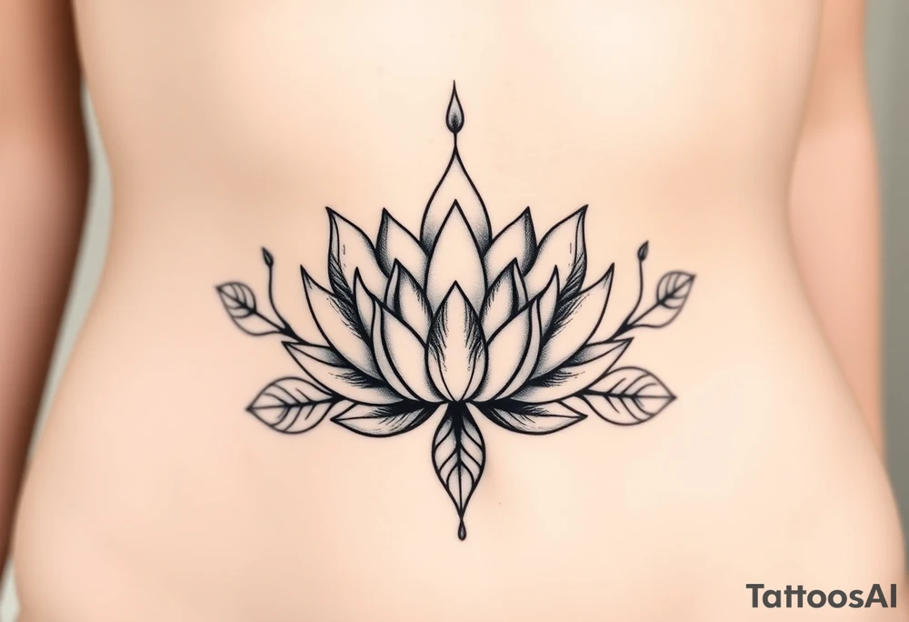 Symmetrical Lotus unalome with stems and leaves underboob tattoo idea