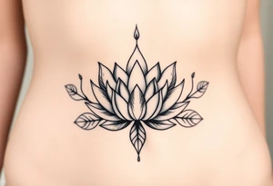 Symmetrical Lotus unalome with stems and leaves underboob tattoo idea