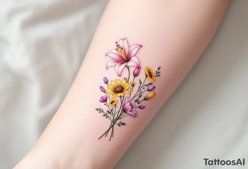 stargazer lillies in light pink with small yellow sunflowers and poppies and purple tulip buds in a dainty wildflower bouquet with stems tattoo idea