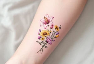 stargazer lillies in light pink with small yellow sunflowers and poppies and purple tulip buds in a dainty wildflower bouquet with stems tattoo idea