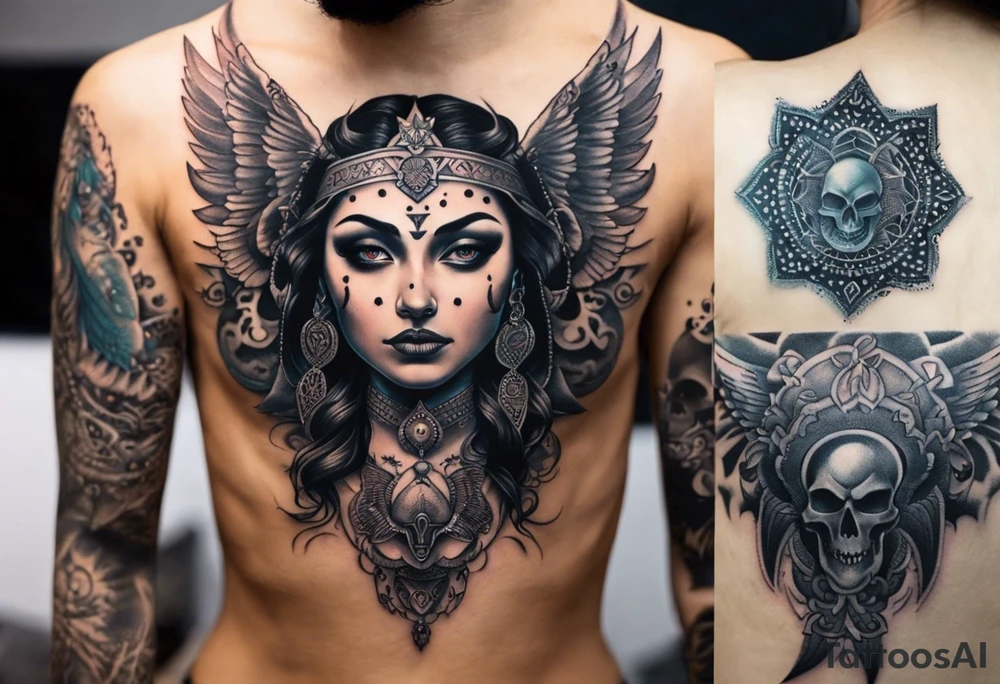 black kali, goddess pirate, alien, angel, pachamama, valkrye, warrior, flying, skull, lotus azul, wing, eagle, zenza resonance, stars, 5D, anahata chakra, death, durga, riding on a tiger, flying lady, chest tatoo tattoo idea