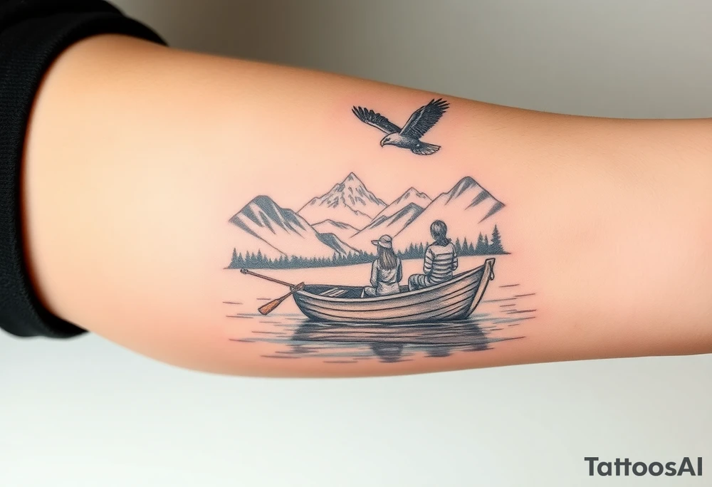 Northern scenic river with fishing boat with two with eagle flying in the sky and women and girl sitting on doc back facing tattoo idea