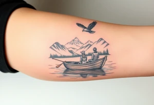 Northern scenic river with fishing boat with two with eagle flying in the sky and women and girl sitting on doc back facing tattoo idea
