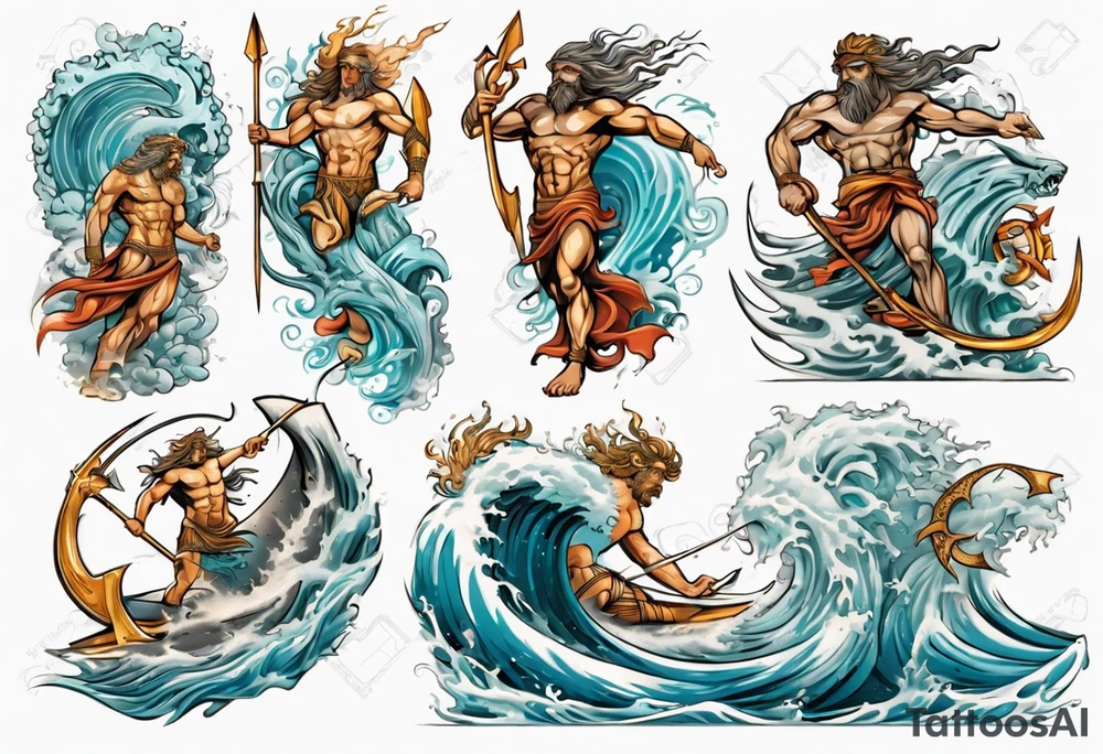 Ancient Greek gods of the sea fighting with surfer  and trident tattoo idea