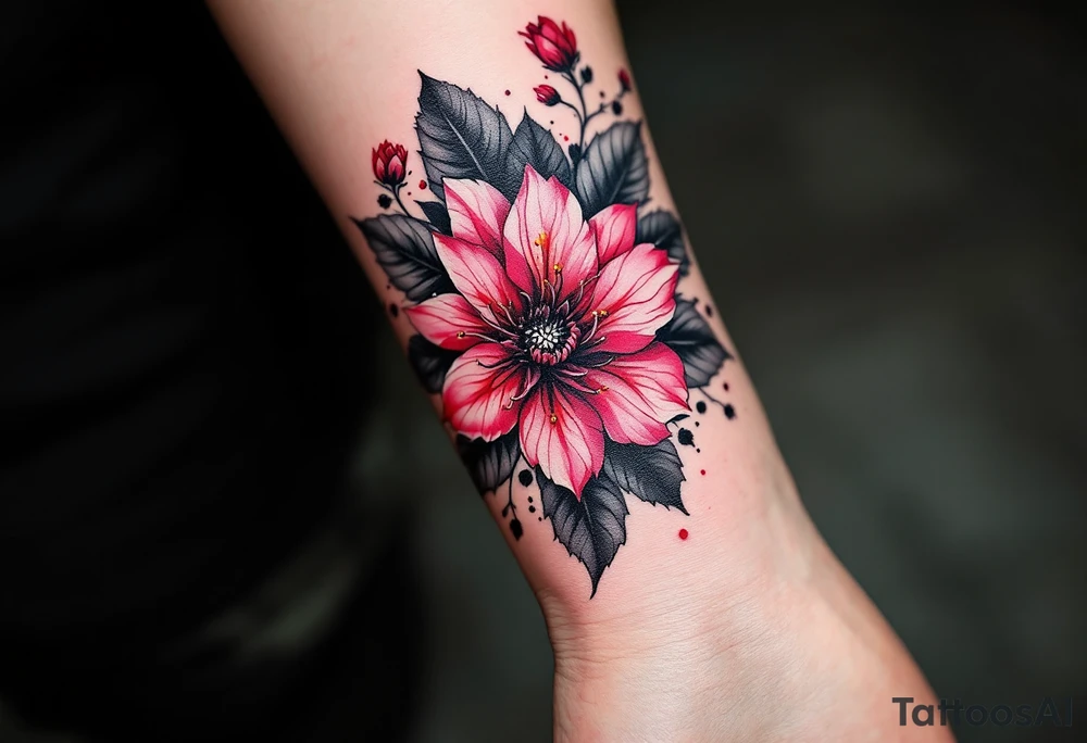 red  and black rhododendron trippy with mandala behind tattoo idea