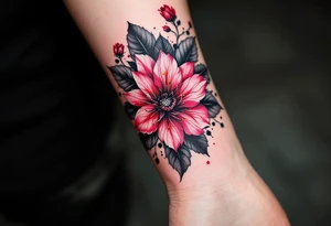 red  and black rhododendron trippy with mandala behind tattoo idea