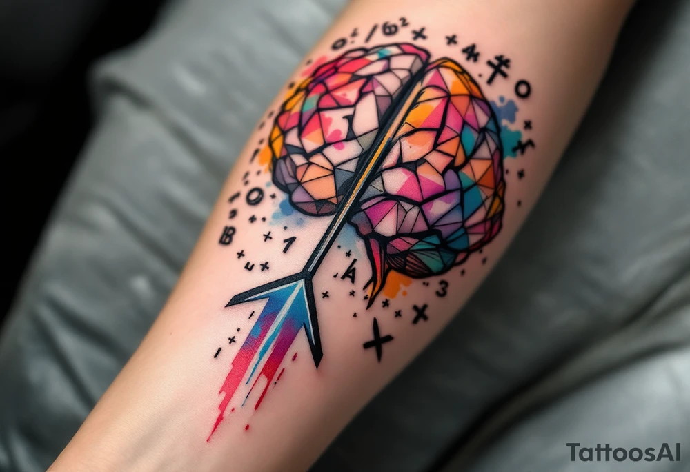 A front-seen brain in geometric and straight lines, math symbols arround. A detailed arrow crossing from below with watercolors leaking from its tip. Around of the main tattoo, math and physics formulas fill the space. tattoo idea