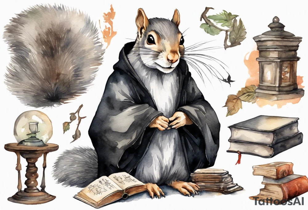 an elderly grey squirrel with a long beard wearing a black robe sitting in an ancient library tattoo idea