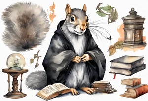 an elderly grey squirrel with a long beard wearing a black robe sitting in an ancient library tattoo idea