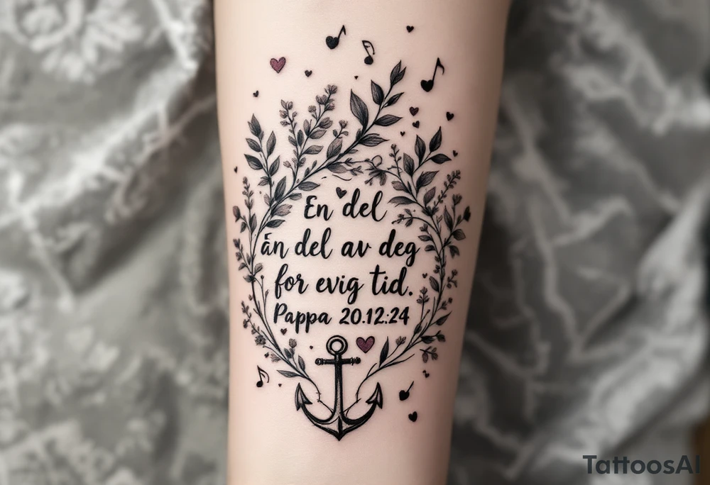 Quote: "En del av deg for evig tid. 
Pappa 20.12.24"
Surround the quote with delicate long gladious, music notes, hearts and an anchor tattoo idea
