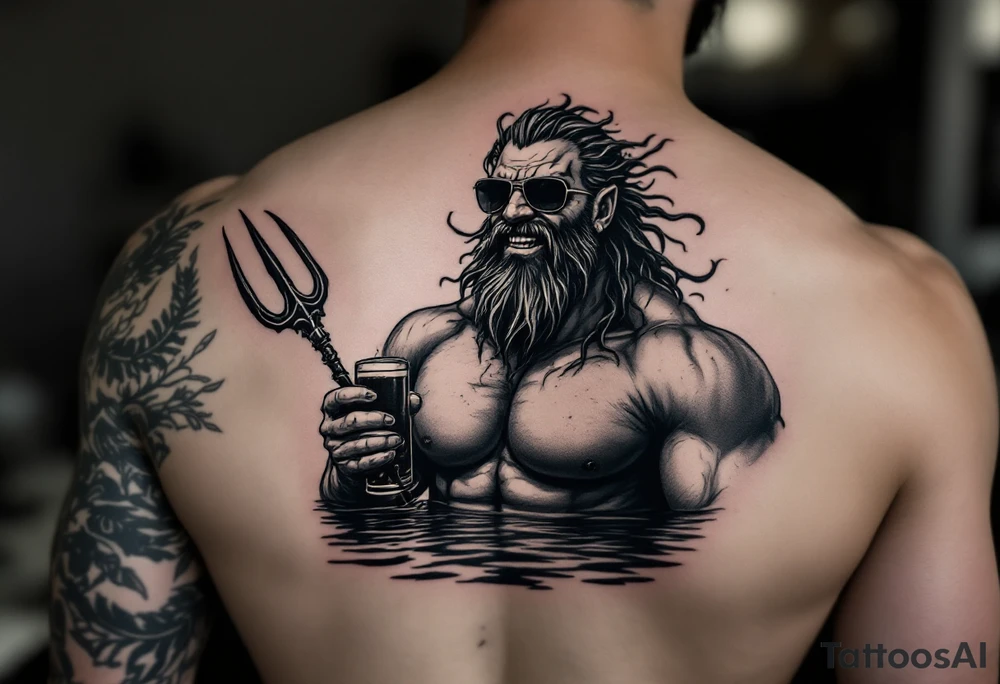 smiling, fit poseidon, with a trident, in calm water, holding a beer, with sunglasses tattoo idea