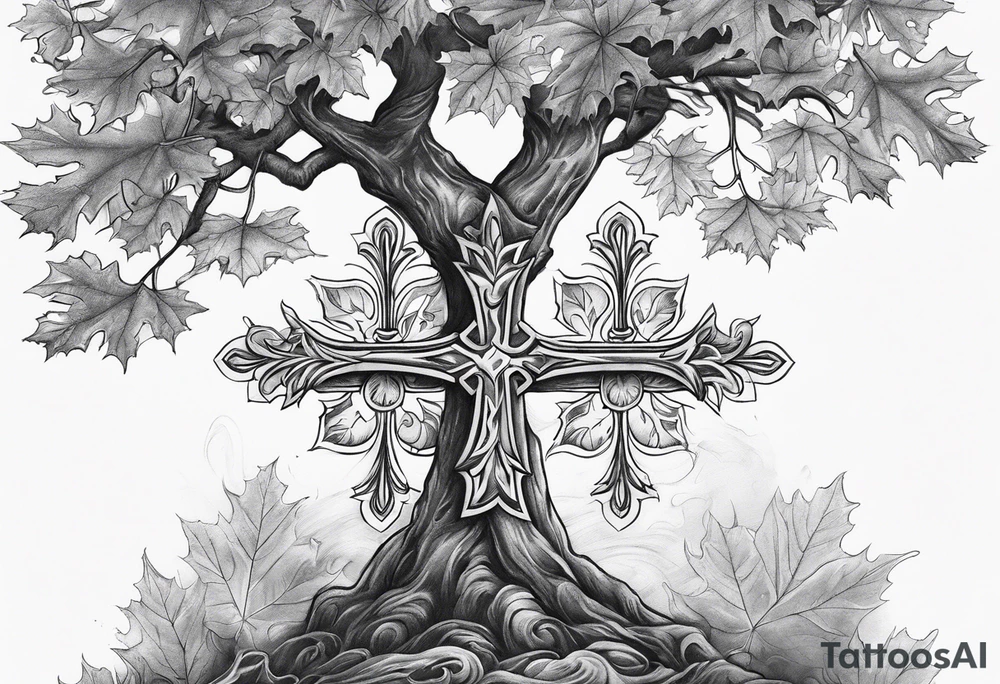 A cross and a maple tree tattoo idea