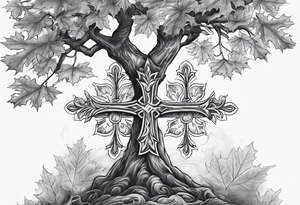 A cross and a maple tree tattoo idea