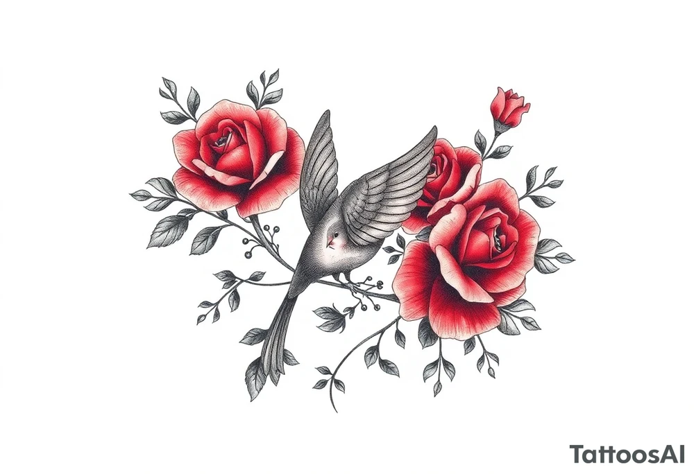 Vintage lace, red roses, red bird, vintage, wrap around, tighter together, no space open tattoo idea