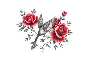 Vintage lace, red roses, red bird, vintage, wrap around, tighter together, no space open tattoo idea