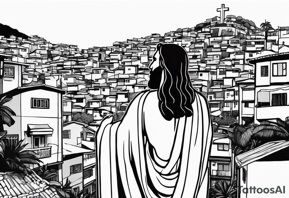 statue of jesus from Rio De Janeiro, below him as background there are favelas houses and above his hands as background is sky with slight clouds tattoo idea