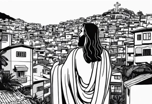 statue of jesus from Rio De Janeiro, below him as background there are favelas houses and above his hands as background is sky with slight clouds tattoo idea
