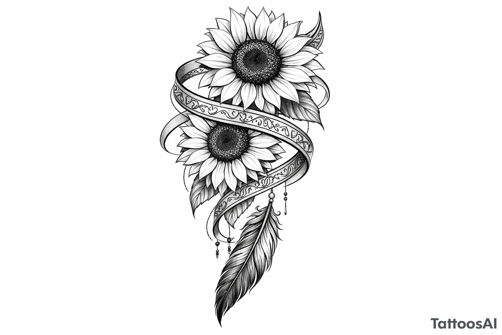 2 cascading sunflowers wrapped in Indian ribbon with a feather tattoo idea
