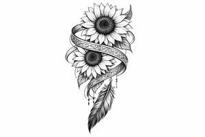 2 cascading sunflowers wrapped in Indian ribbon with a feather tattoo idea