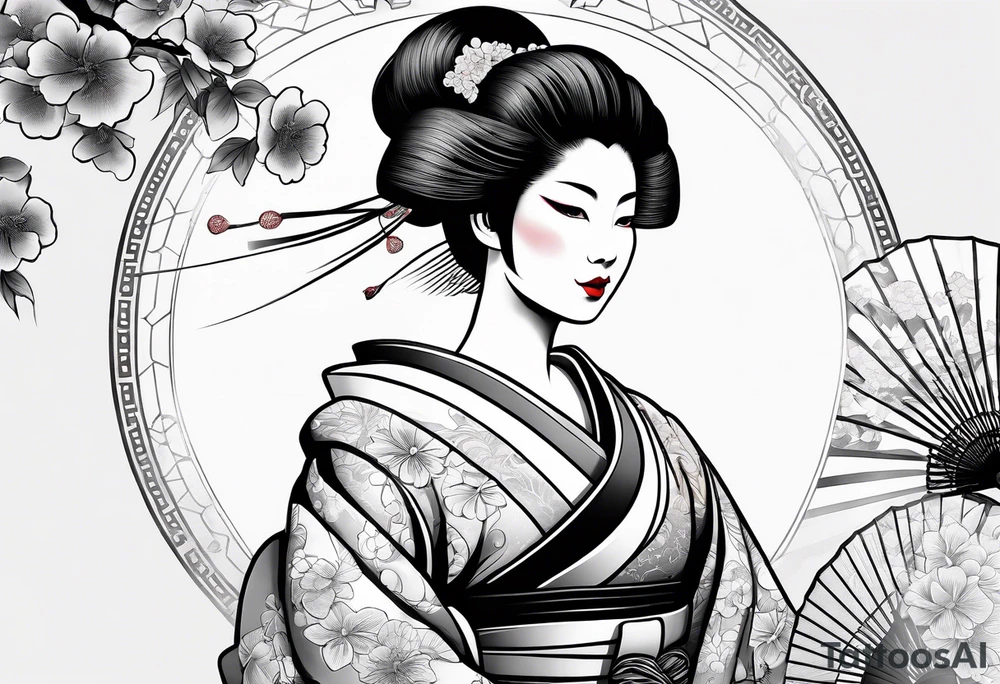 Geisha with a dress and a fan, traditional japanese style, white background tattoo idea