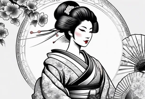 Geisha with a dress and a fan, traditional japanese style, white background tattoo idea
