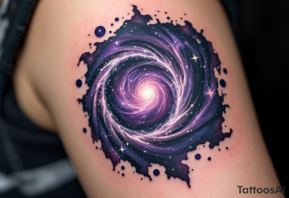 A galaxy-themed spiral in dark purples and star-speckled silvers, echoing the shape of a nebula. tattoo idea