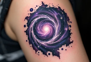 A galaxy-themed spiral in dark purples and star-speckled silvers, echoing the shape of a nebula. tattoo idea