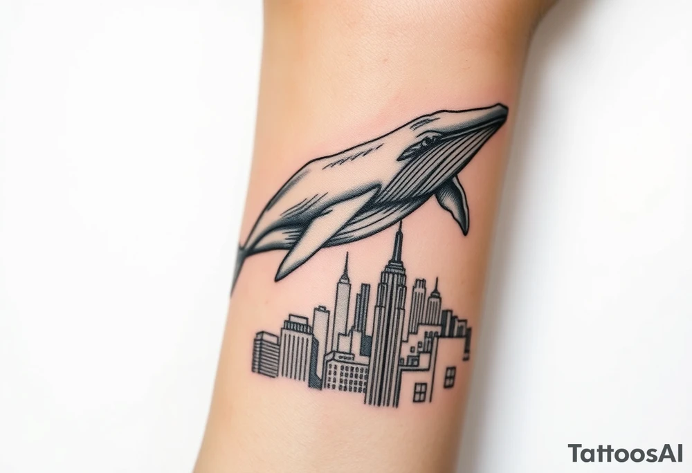 Blue whale flying above new york city tattoo idea