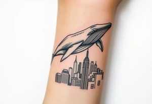 Blue whale flying above new york city tattoo idea