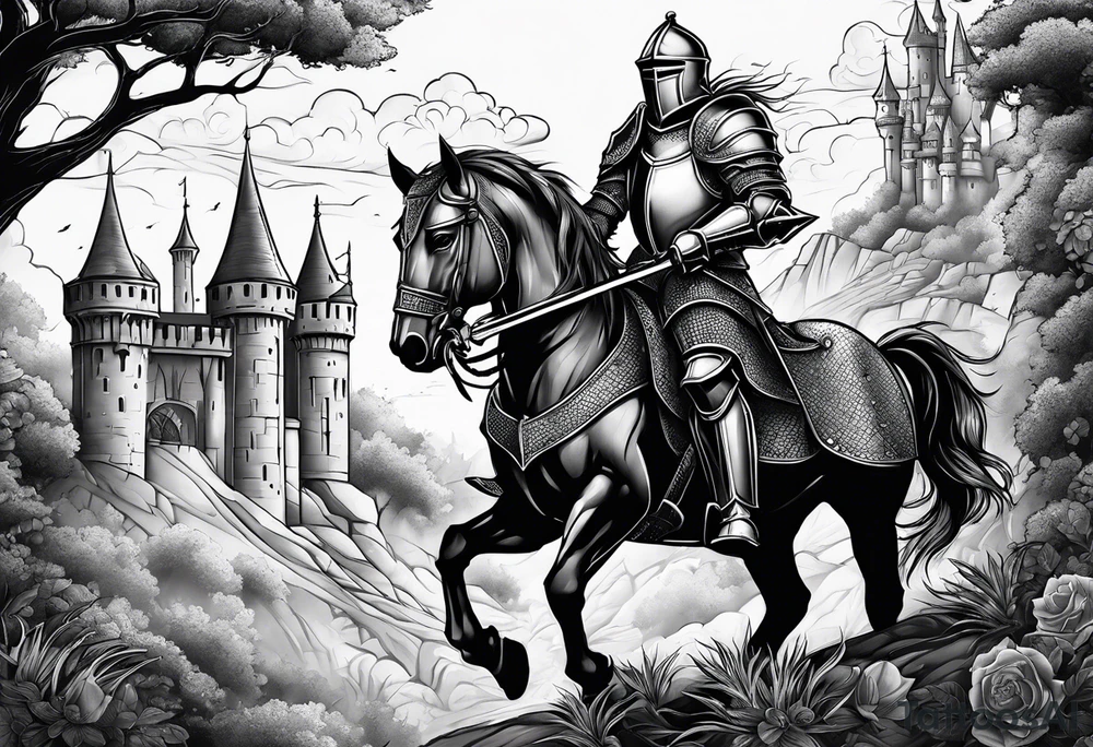 knight with heavy armor  and castle tattoo idea