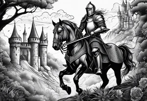 knight with heavy armor  and castle tattoo idea