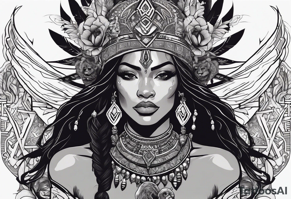 valkrye, kali, pirate, african goddess, , warrior, native american, lotus, zenza resonance, skulls, dragon, pachamama, left side face, chest, right wing, tattoo idea