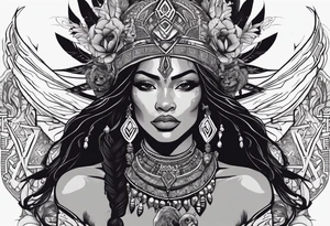 valkrye, kali, pirate, african goddess, , warrior, native american, lotus, zenza resonance, skulls, dragon, pachamama, left side face, chest, right wing, tattoo idea