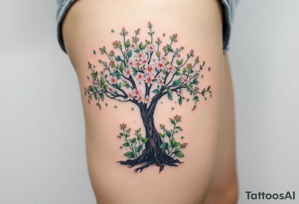 Flowering hawthorne tree with lilly of the vally plants planted by  tree tattoo idea