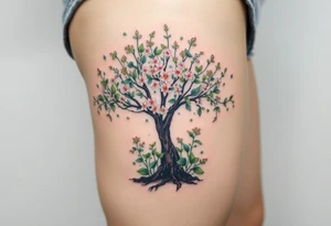 Flowering hawthorne tree with lilly of the vally plants planted by  tree tattoo idea