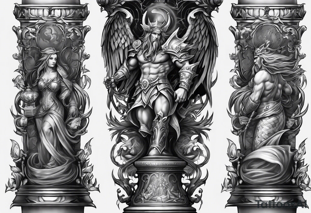 Design a leg sleeve featuring a chessboard with angelic and demonic chess pieces engaged in a strategic game, symbolizing the eternal battle between opposing forces. tattoo idea