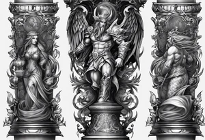 Design a leg sleeve featuring a chessboard with angelic and demonic chess pieces engaged in a strategic game, symbolizing the eternal battle between opposing forces. tattoo idea