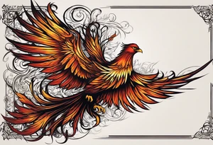 Tattoo: A powerful, majestic phoenix, depicted mid-flight or rising, with wings extended and feathers flowing. Deep shading and intricate details to bring out the texture and motion of the feathers. tattoo idea