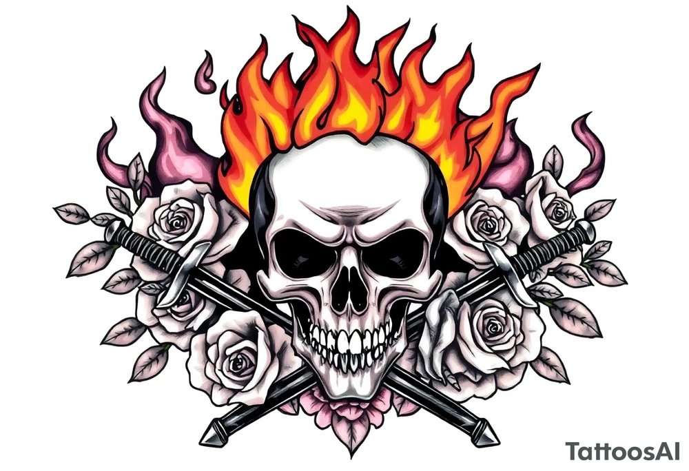 Skull engulfed in flames, crossed swords behind, blooming roses. tattoo idea