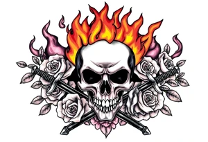 Skull engulfed in flames, crossed swords behind, blooming roses. tattoo idea