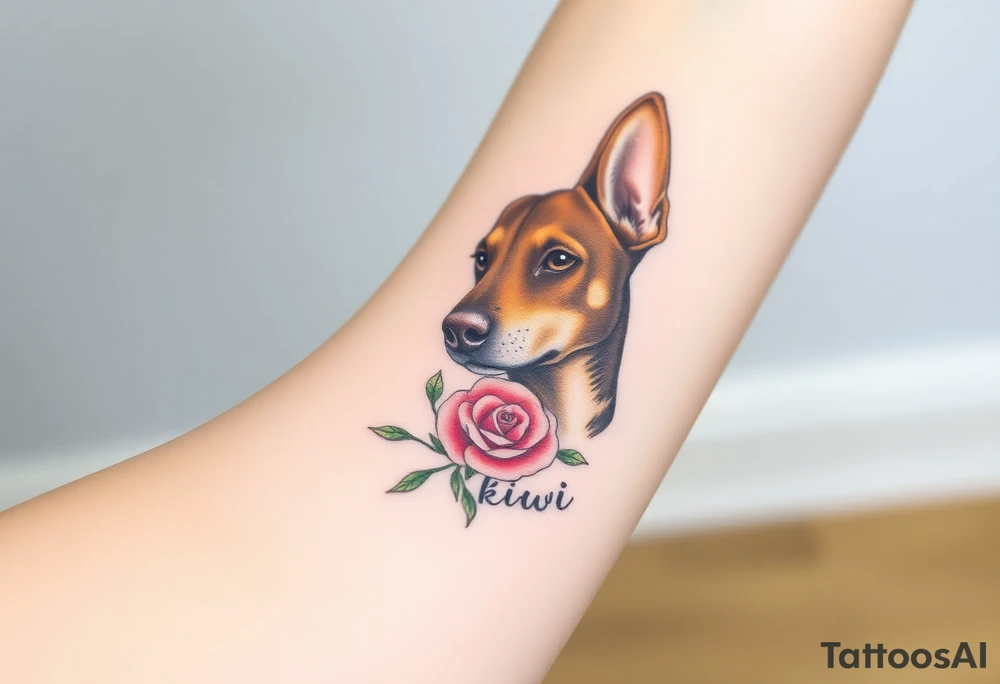 Cute female  large hound dog mix Brindle dog with the name kiwi . And a tiny rose around her . With her ears pointy a little big tattoo idea