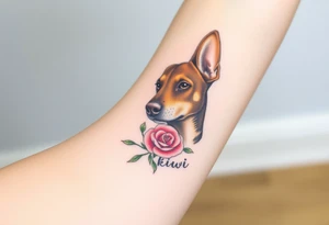 Cute female  large hound dog mix Brindle dog with the name kiwi . And a tiny rose around her . With her ears pointy a little big tattoo idea