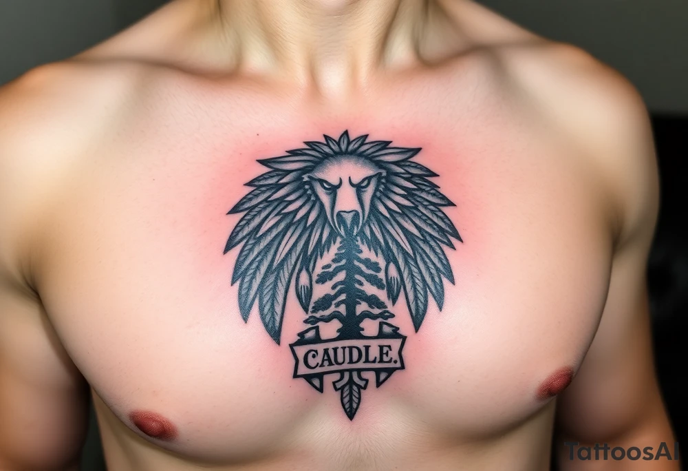 Native American tribal symbol ( wolf, eagle, bear, tree, etc ) with a Caudle emblem or crest tattoo idea