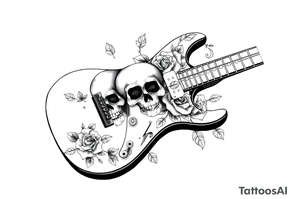 Electric guitar with skulls and roses printed on it tattoo idea