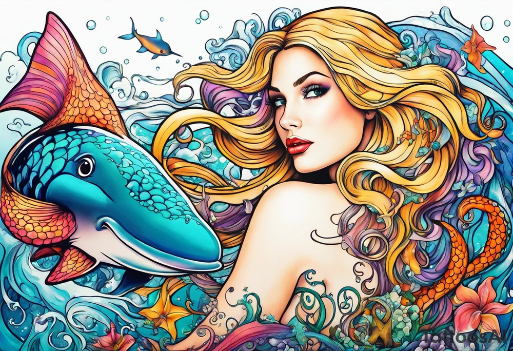 Beautiful blond mermaid with her giant octopus and dolphin friends tattoo idea