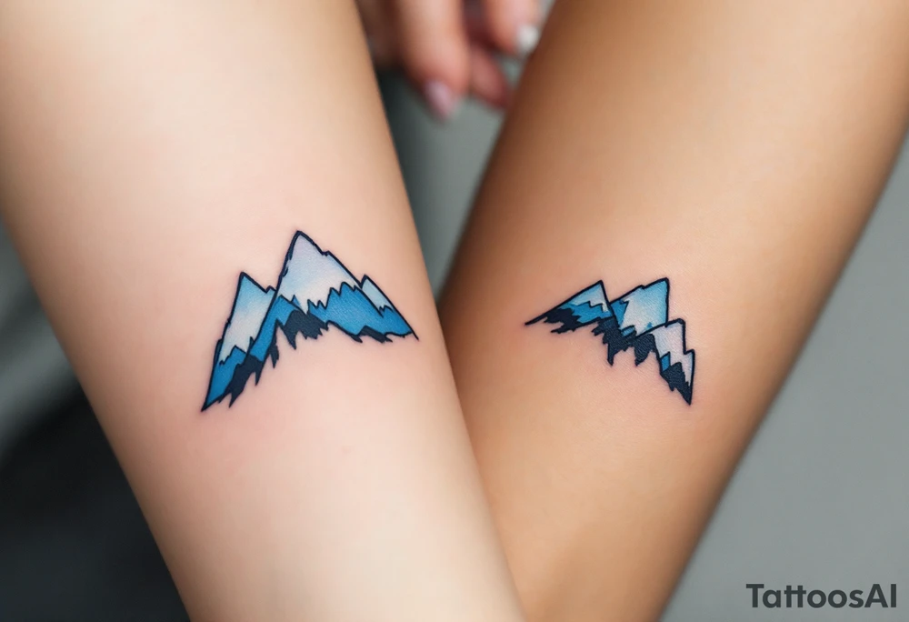 A pair of minimalist black and blue mountain peaks, one tattooed on the one´s forearm and the matching smaller version on the cother tattoo idea