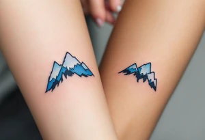 A pair of minimalist black and blue mountain peaks, one tattooed on the one´s forearm and the matching smaller version on the cother tattoo idea