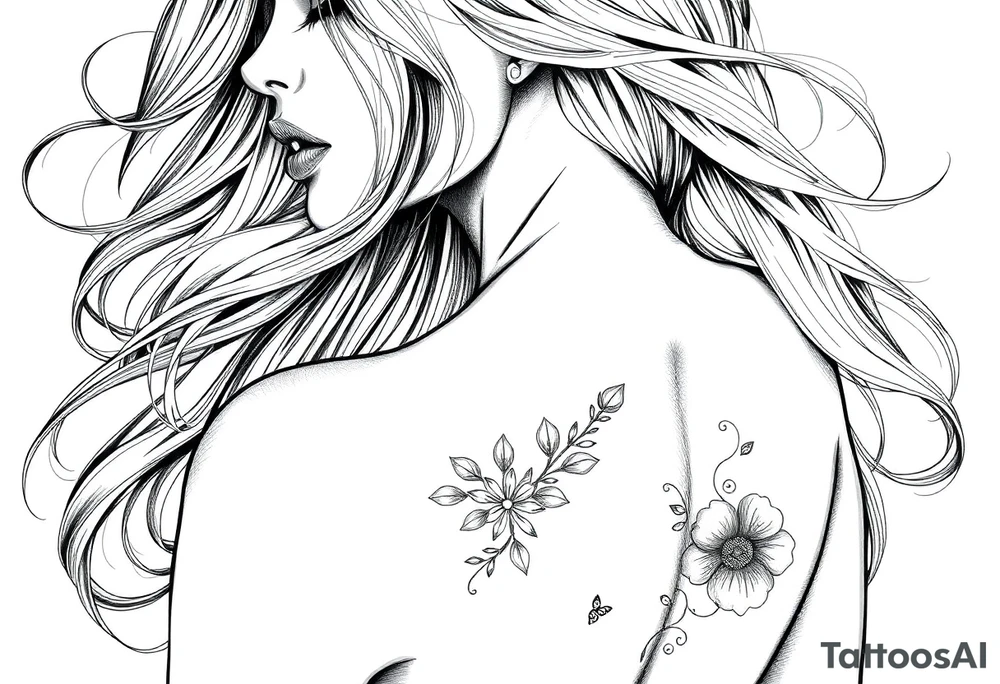 Create a captivating black and white illustration featuring a woman with flowing hair, inspired by the style of Martine Johanna. Incorporate detailed engraving elements reminiscent of Joe Madureira and John Larriva's work, adding a touch of intricacy and depth to the artwork. Infuse influences from Chicano art to bring a unique cultural flair to the composition.

Focus on depicting the woman with realistic yet romantic features, emphasizing her graceful posture and the movement of her flowing tattoo idea