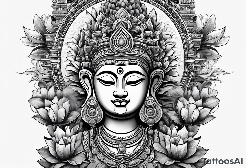 Bali temples black and grey with sunflower tattoo idea Bali temples black and grey with sunflower tattoo idea